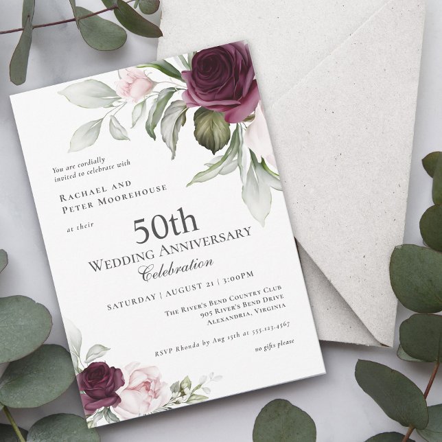 Rosa och plommon, botaniskt charm 50-årsdagen inbjudningar (A romantic elegant choice in 50th Wedding Anniversary Invitations.)