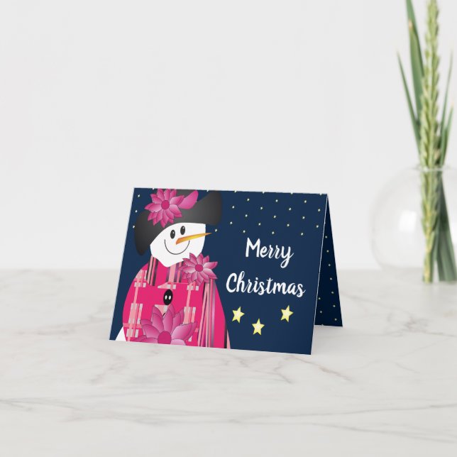Rosa och Polka Dot Snögubbe Helgkort (Framsida)