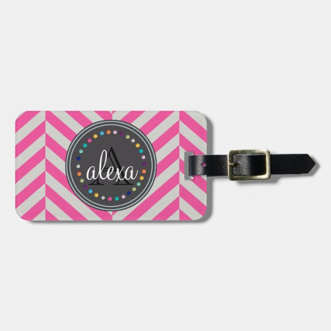 Rosa och Polka dots monogram resagemärkning Bagagebricka (Horisontell Framsida)