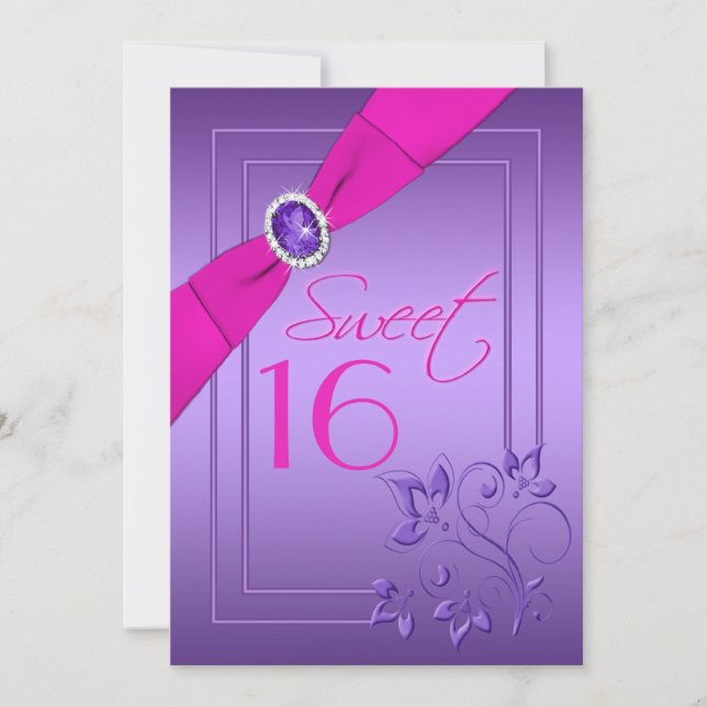 Rosa och purpurfärgad blom- sweet sixteeninbjudan inbjudningar (Framsida)