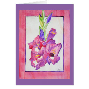 Rosa och purpurfärgad Gladiola vattenfärg Hälsningskort