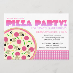 Rosa och purpurfärgad Pizzapartyinbjudan Inbjudningar