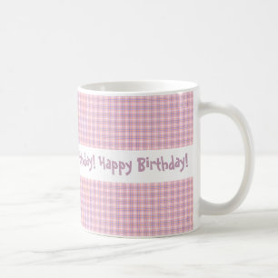 Rosa och purpurfärgad pläddesigngrattis på kaffemugg