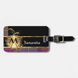 Rosa och purpurfärgad tartan och monogram bagagebricka