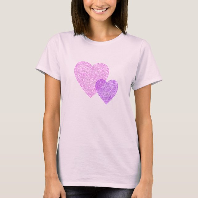 Rosa och purpurfärgade Scribbleprint hjärtor T Shirt (Framsida)