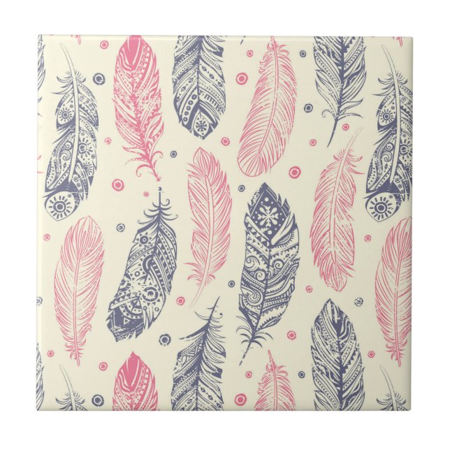 Rosa och purpurfärgat etniskt fjädermönster kakelplatta (Framsidan)