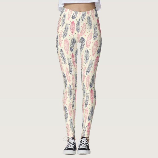 Rosa och purpurfärgat etniskt fjädermönster leggings (Framsida)