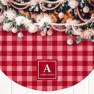 Rosa och Red Gingham Play Monogram Julgransmatta Borstad Polyester