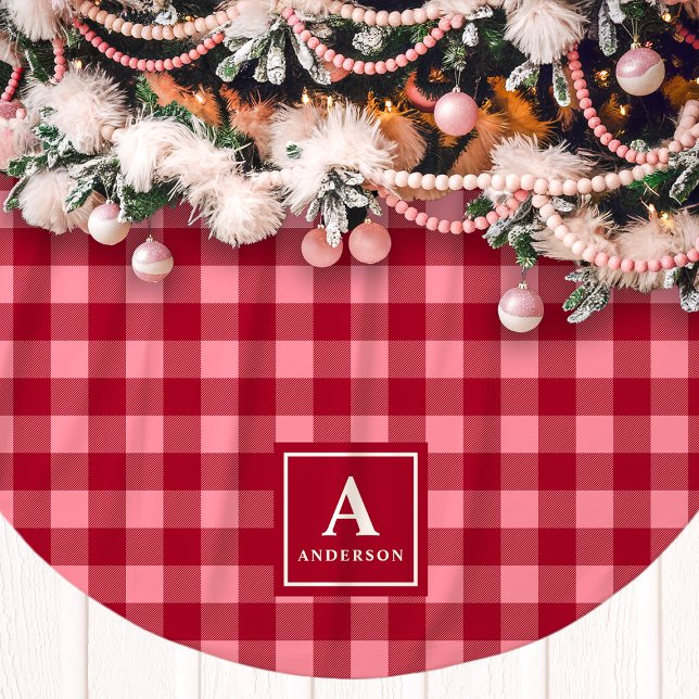 Rosa och Red Gingham Play Monogram Julgransmatta Borstad Polyester (Skapare uppladdad)