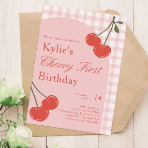 Rosa och Red Girl's Cherry First Birthday Inbjudningar