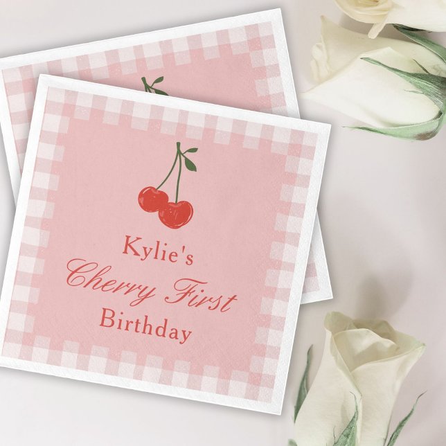 Rosa och Red Girl's Cherry First Birthday Pappersservett (Skapare uppladdad)