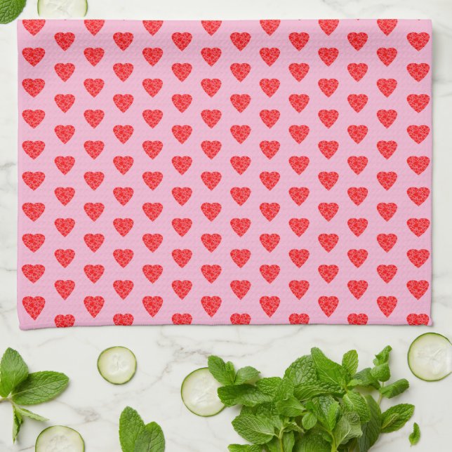 Rosa och Red Hearts Mönster Kökshandduk (Vikta)