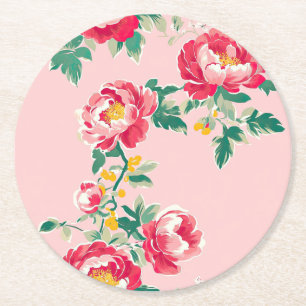 Rosa och Red Peony Chinoiserie Blommigt Underlägg Papper Rund