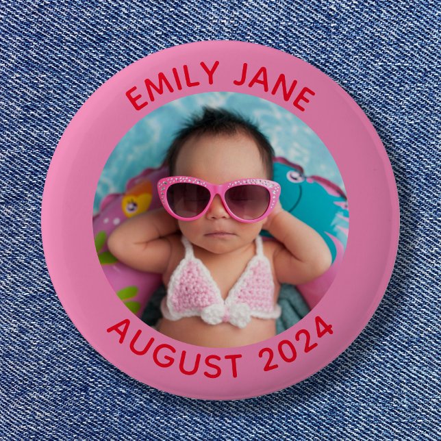 Rosa och Red Personlig Round Family Photo Knapp (Pink and Red Personalized Round Family Photo Button)