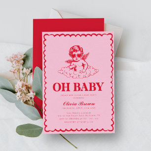 Rosa och Red Retro Cherub Baby Shower Inbjudningar
