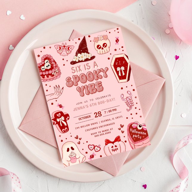 Rosa och Red Retro Halloween 6e födelsedag Inbjudningar (Pink and Red Retro Halloween 6th Birthday Invitation - Six is a Vibe)