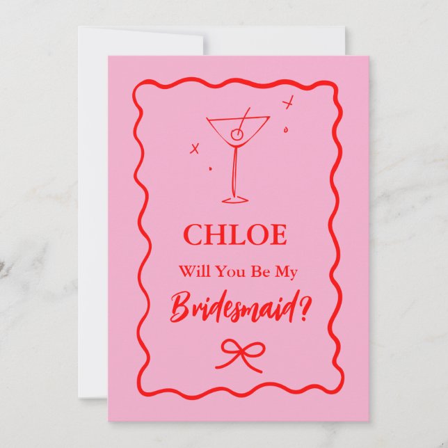 Rosa och Red Retro Vågigt Bridesmaid Frieri Inbjudningar (Framsida)