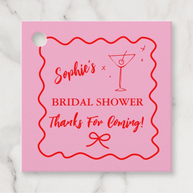 Rosa och Red Retro Vågigt Möhippa Martini Gåvor Etiketter (Framsida)