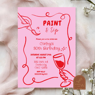 Rosa och Red Retro Vintage Paint och Sip Birthday Inbjudningar