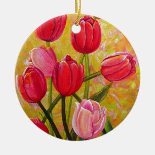 Rosa och Red Tulip Bouquet Julgransprydnad Keramik