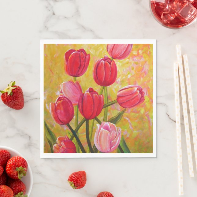 Rosa och Red Tulips bouquet. Pappersservett (Insitu)