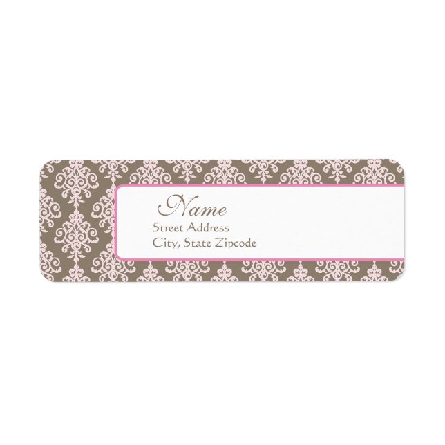 Rosa och returadressetikett för Brown Damask Returadress Etikett (Framsidan)