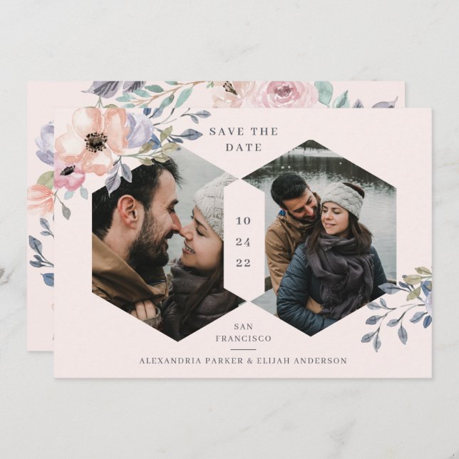  Rosa och Ro Geometrisk Blommigt | Två foto Spara Datumet (Fram/baksida)