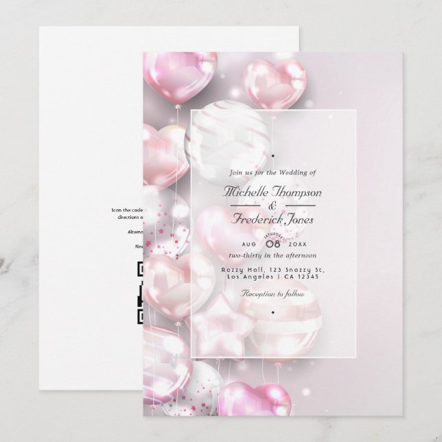 Rosa och Ro Guld-ballonger QR-kod OSA Bröllop Inbjudningar (Fram/baksida)