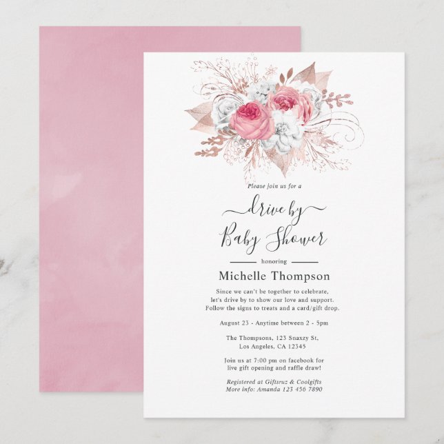 Rosa och Ro Guld Blommigt Drive by Shower Inbjudningar (Fram/baksida)