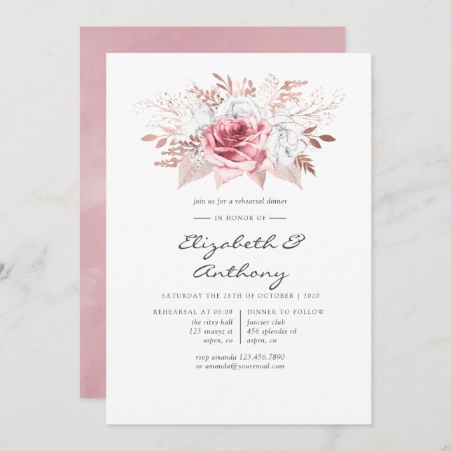  Rosa och Ro Guld Blommigt Rehearsal Middag Inbjudningar (Fram/baksida)