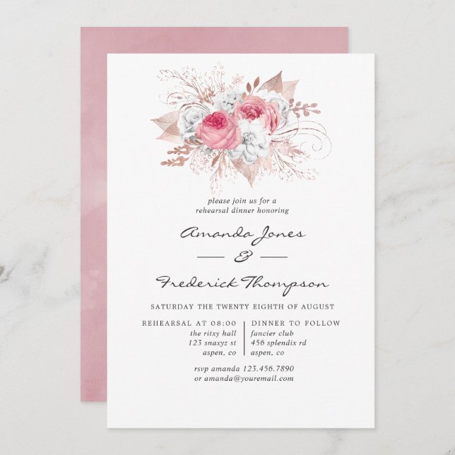  Rosa och Ro Guld Blommigt Rehearsal Middag Inbjudningar (Fram/baksida)