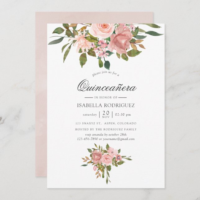  Rosa och Ro Guld Quinceañera Inbjudningar (Fram/baksida)