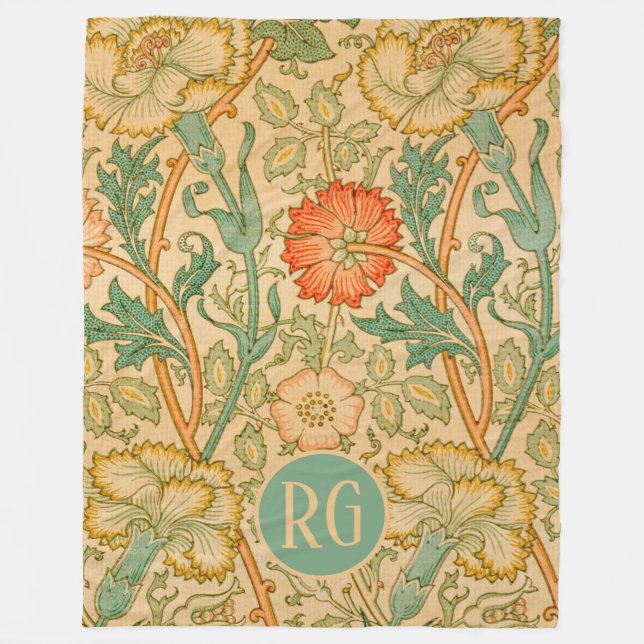 Rosa och Ro William Morris Monogram Personlig Fleecefilt (Framsidan)