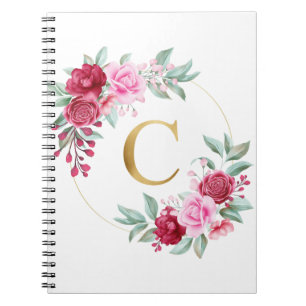 Rosa och Röd Blommigt Monogram Initial Brev C Anteckningsbok