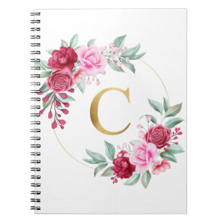 Rosa och röd Blommigt Monogram Initial Brev C Anteckningsbok