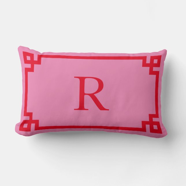 Rosa och röd grekisk nyckelmonogram lumbarkudde (Framsida)