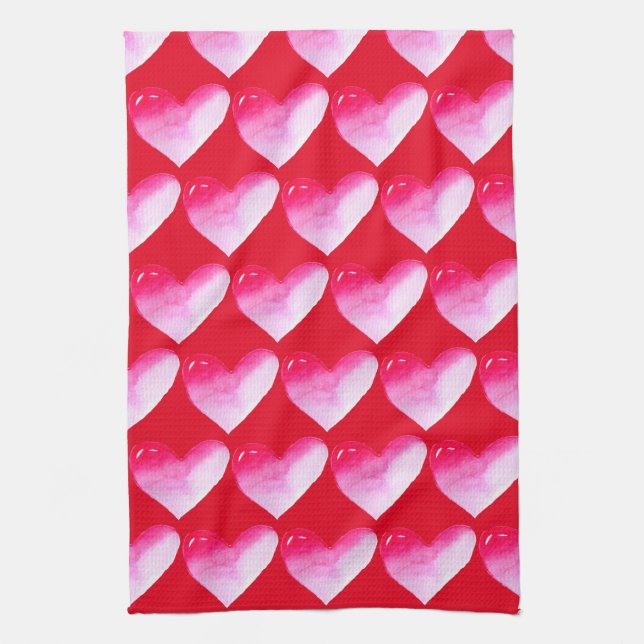 Rosa och röd hjärtfärg popkonsten valentin kökshandduk (Vertikal)