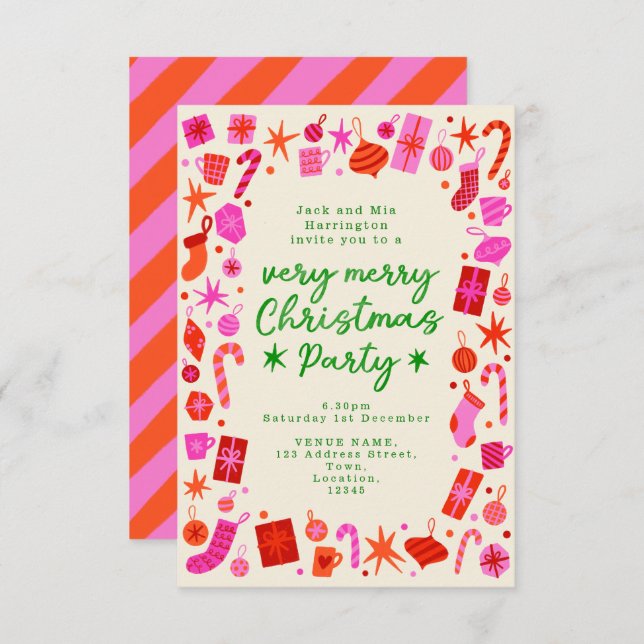 Rosa och Röd julafton Party inbjudan (Fram/baksida)