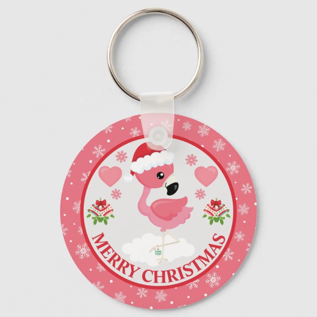 Rosa och röd julflamingo vinter nyckelring (Framsida)
