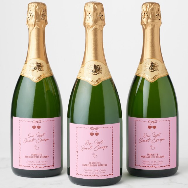 Rosa och röd körsbärsherrar Weekend Champagne (One Last Sweet Escape champagne label, bachelorette party favors, toasting, bachelorette weekend)