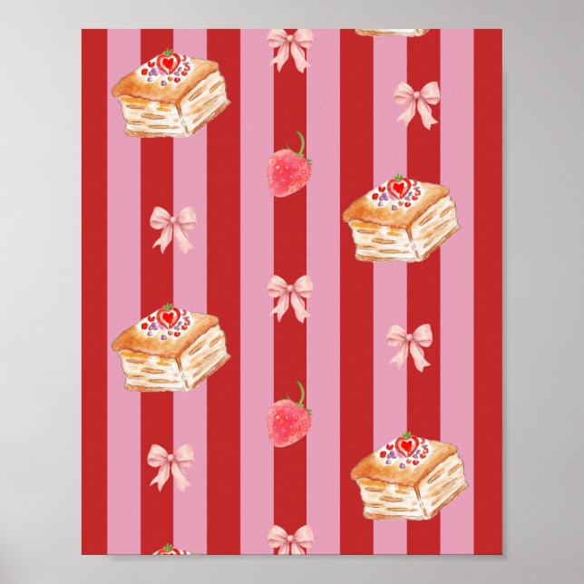 Rosa och röd randig design med tårtdesign poster (Framsidan)