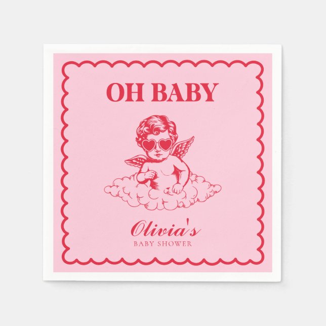 Rosa och röd retro kerubins baby shower pappersservett (Framsidan)