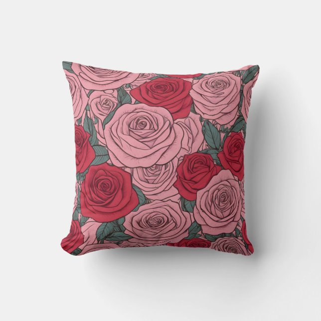 Rosa och röd ros blommönster kudde (Framsida)