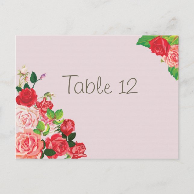 Rosa och Röd ros Bordsnummer Card Bröllop (Framsida)
