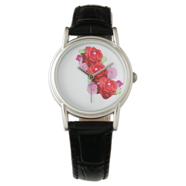 Rosa och Röd ros Bouquet, läder av Dam Armbandsur (Framsida)