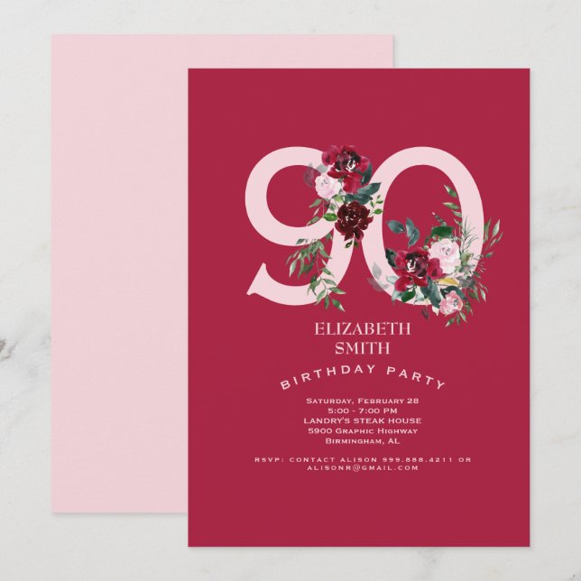 Rosa och Röd ros Elegant 90:e Födelsedagsfest Inbjudningar (Fram/baksida)