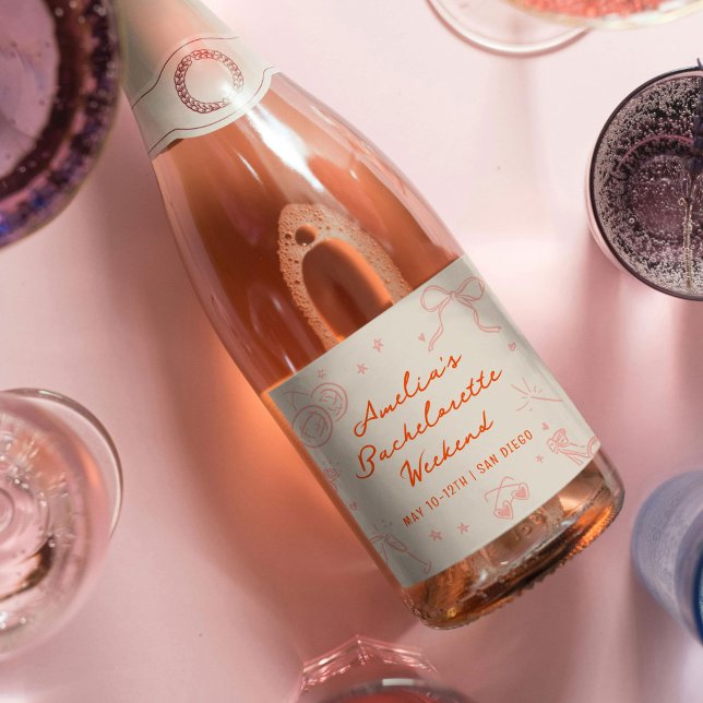 Rosa och röd skiss Sängvätning Weekend (Pink and red bachelorette party sparkling wine bottle labels.)