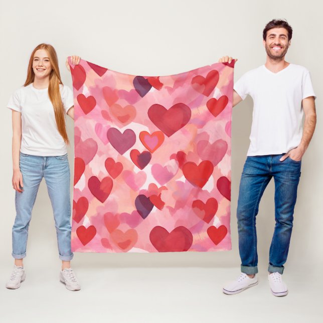 Rosa och röda akvarellhjärtan Romantisk Coquette Fleecefilt (På plats)