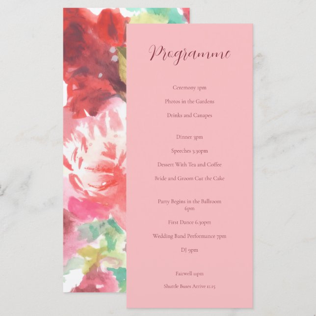 Rosa och röda blommiga vigselprogram på baksidan program (Fram/baksida)