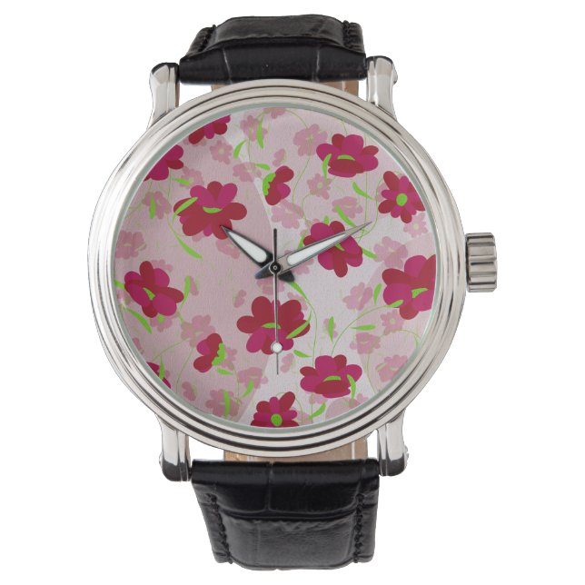 Rosa och Röda blommor - Blommigt Armbandsur (Framsida)